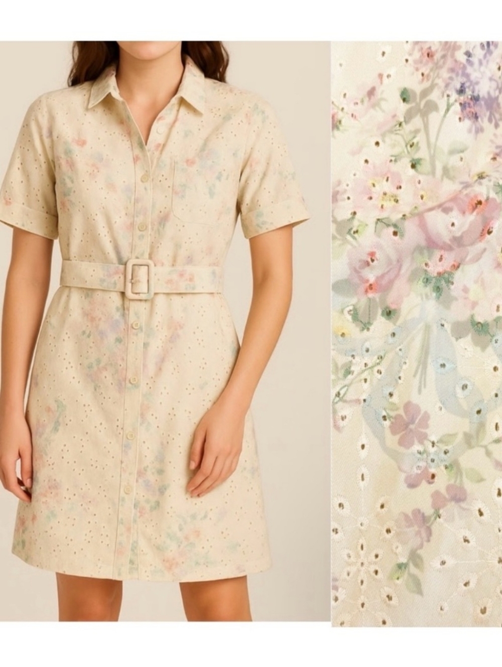 Solitaire X Anthropologie Floral Eyelet Belted Button Front Shirt Dress Boho